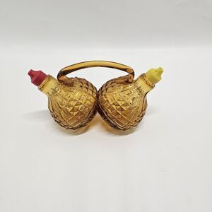 Vtg Amber Glass Oil Vinegar Cruet Set Diamond Pattern Red Yellow Spout Handle